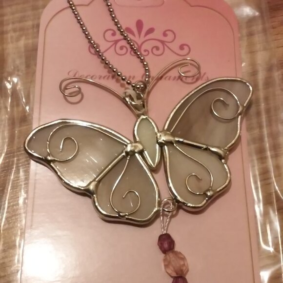 Silver & Stained Glass Butterfly Ornament Hangs 8 1/2" x 3 1/4" Wide - Picture 2 of 3